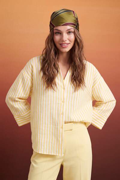 Trendyol Collection Yellow Striped 100% Linen Woven Shirt Twoss26Go00165