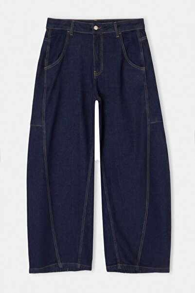 Trendyol Collection Dark Blue Draped High Waist Baggy Jeans with Stitching De...