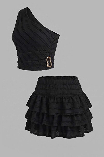 Trendyol Collection Set negru, simplu, mulat pe corp, cu decolteu asimetric, ...