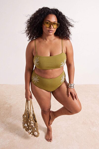 Trendyol Curve Khaki Embroidered Chlorine & Water Resistant Long-Lasting Lycr...