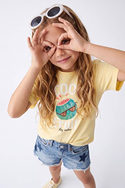 TRENDYOLKIDS Yellow Girls' Printed Knitted T-Shirt Tkdss26Ts00089