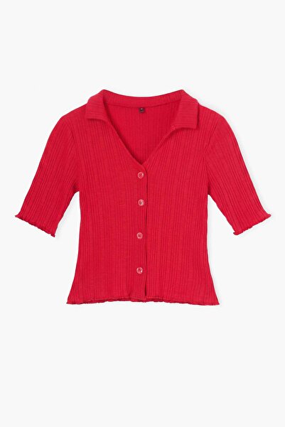 Trendyol Collection Red Plain Fitted Cowl Neck Standard Sleeve Short Crop Kni...