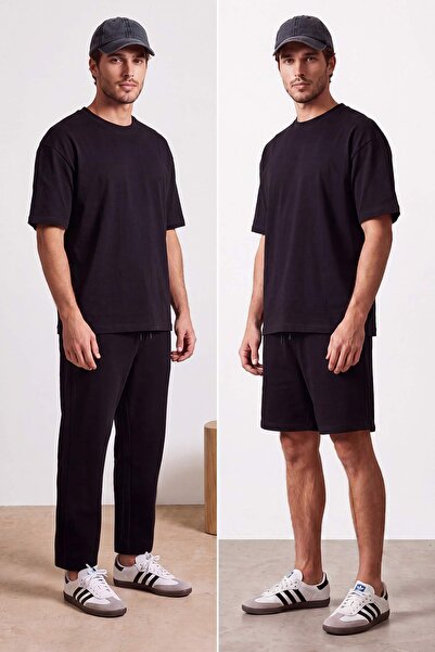 TRENDYOL MAN Siyah 3'lü Regular/Normal Kesim T-Shirt, Eşofman Altı, Şort Eşof...
