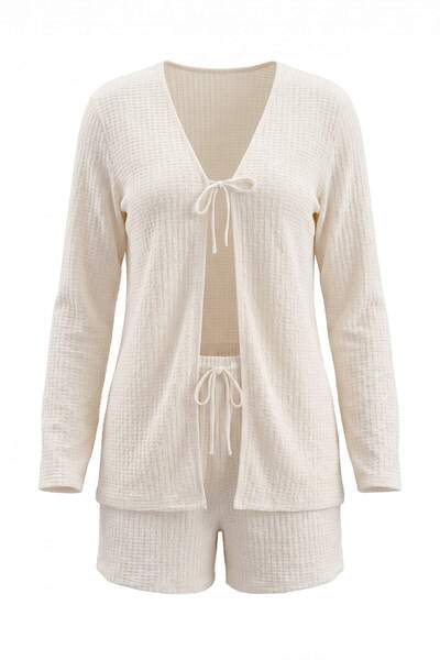 Trendyol Curve Beach Wear Ecru Knitted Textured Tie-Detail Beach Blouse Short...