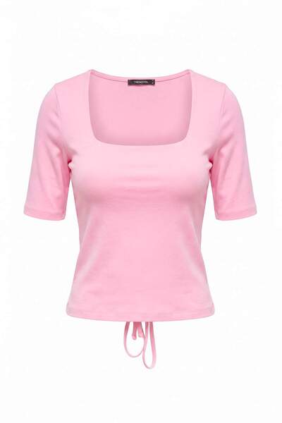 Trendyol Collection Light Pink Plain Fitted/Square Neck Crop/Short Tie Detail...