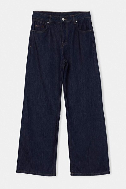 Trendyol Collection Dark Blue Draped High Waist Ankle Length Wide Leg Jeans T...