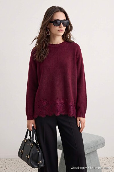 Trendyol Modest Πουλόβερ πλεκτό με λεπτομέρεια από δαντέλα σε χρώμα δαμασκηνί...