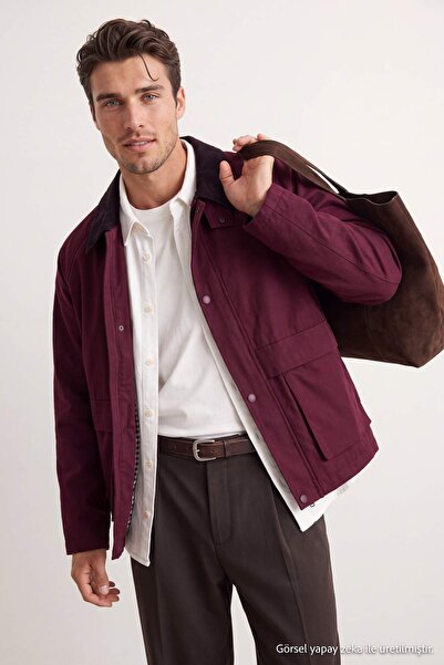 Trendyol Collection Burgundy Regular Fit Velvet Collar Detailed Unisex Season...