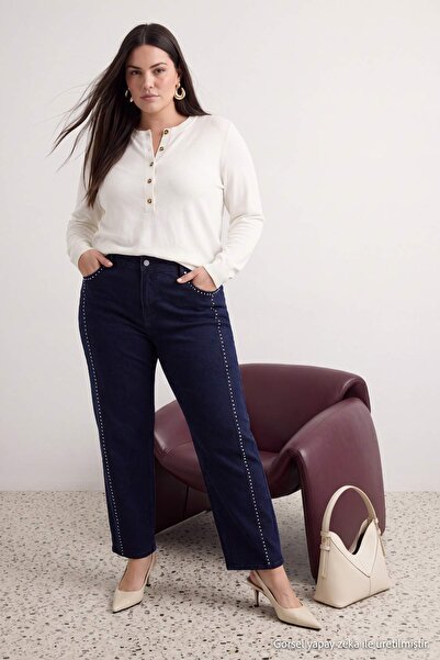 Trendyol Curve Navy Blue High Waist Tube Leg Plus Size Jeans Tbbaw27Cj00014