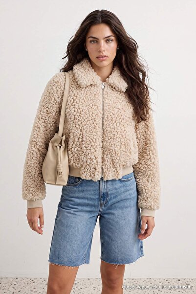 Trendyol Collection Beige Oversize Plush Fur Bomber Coat with Elastic Waist T...