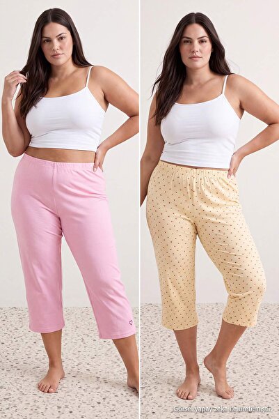 Trendyol Curve Multicolor Heart Embroidered/Printed 2-Piece Capri Plus Size P...