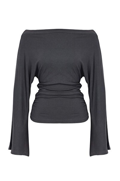Trendyol Collection Bluză tricotată cu nervuri din viscoză, antracit, cu gule...