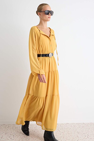 Trendyol Collection Mustard Kaçık Collar Shift/Straight Cut Maxi Woven Chiffo...