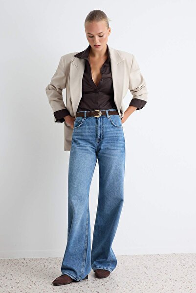 Trendyol Collection Dark Blue Draped High Waist Wide Leg Wide Leg Jeans Twoaw...