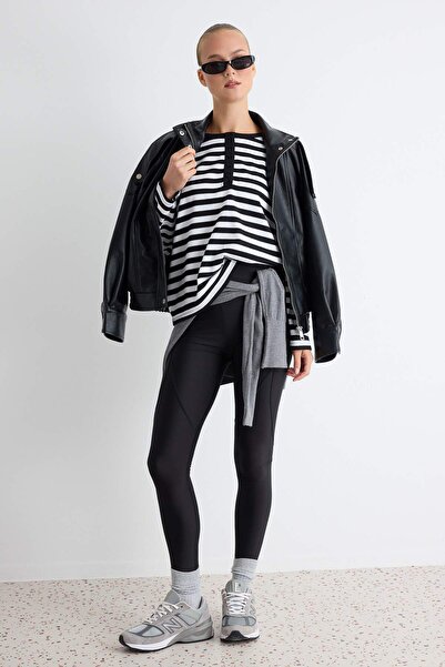 Trendyol Collection Black-Ecru Striped Oversize/Wide Cut Buttoned Crew Neck C...
