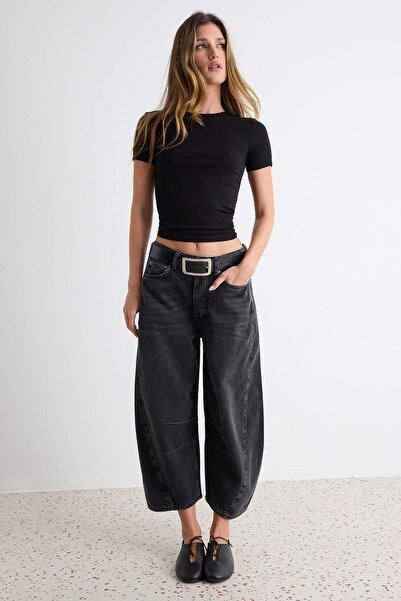 Trendyol Collection بنطلون جينز أسود عالي الخصر TWOSS26JE00371