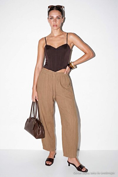 Drop by TrendyolMilla Khaki Pocketed Wide Cut Trousers with Elastic Waist Tdr...