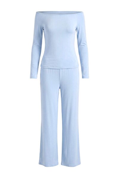 Trendyol Collection Light Blue Plain Viscose Ribbed Knitted Pajamas Set Thmaw...