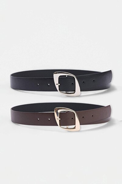 TRENDYOL SHOES Black-Brown Asymmetrical Buckle Women's Double Belt Takaw27Ke0...