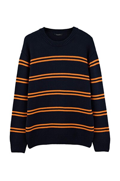 Trendyol Collection Navy Blue-Orange Relaxed Cut Striped Crew Neck Knitwear S...
