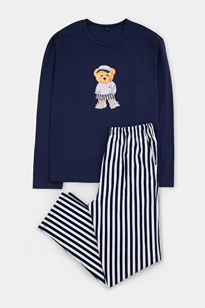 Trendyol Collection Navy Blue Regular Fit Striped Teddy Bear Printed Knitted ...