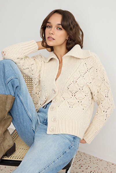 Trendyol Collection Stone Openwork/Hole Detailed Soft Textured Knitwear Cardi...