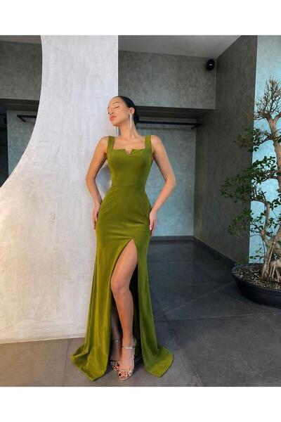 Modafeminen Βραδινό φόρεμα με σχισμή και λεπτομέρεια V σε πράσινο χρώμα Peanu...