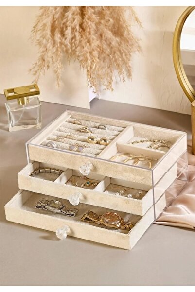 pearl 3 Drawer Velvet Transparent Jewelry Box | Jewelry Storage Box Cream Color Option