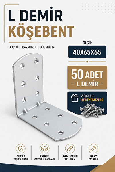 Badem10 L Demir Köşebent 40x65x65 mm Oval Başlı 50 Adet Set Metal Gönye Mobil...