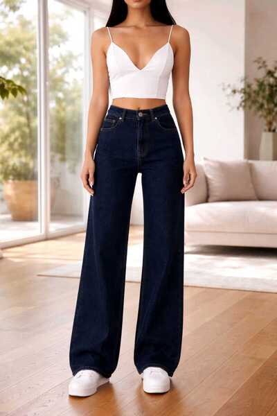 BİENAL BUTİK Τζιν Navy Blue Lycra Super ψηλόμεσο φαρδύ τζιν παντελόνι Palazzo