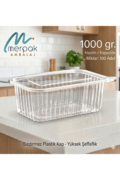 Merpak Ambalaj Plastik Saklama Kabı 1000 gr 100'lü Düz Kapaklı Kapaklı Sızdırmaz Kap Şeffaf Kullan At Kase