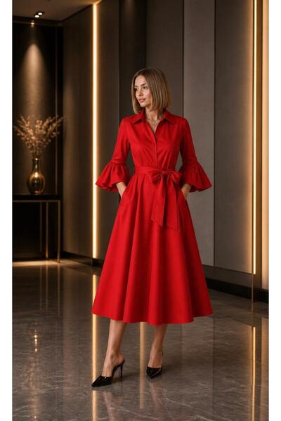 SERAVENZA COUTURE فستان أنيق للمناسبات بطول متوسط مع أكمام مزينة بالكشكشة COU-33