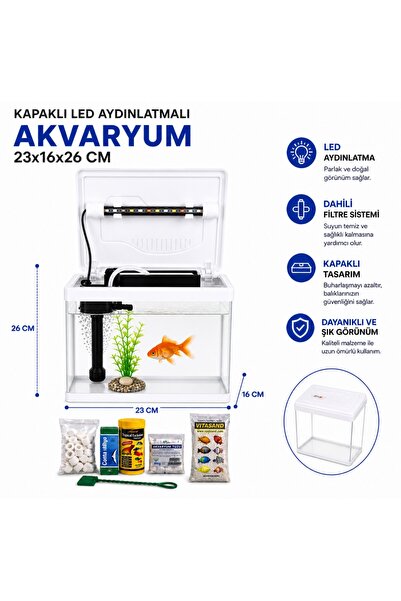 makro İTHAL AKVARYUM BEYAZ KAPAKLI 23*16*26 CM MOTOR+LED IŞIK+BAŞLANGIÇ SETİ ...