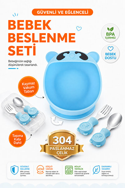 jojobebek Mavi Premium Çocuk Vakumlu Silikon Beslenme Mama Kase, Paslanmaz Çe...