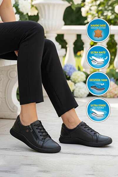 AYAKMOD Black Genuine Leather Orthopedic Lightweight Flexible Comfortable Wom...