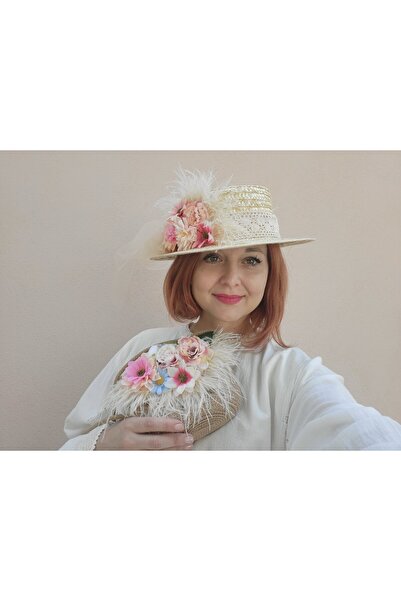Miss Hat Pălărie Din Paie cu Flori, Pene și Voal și Geantă din Rafie