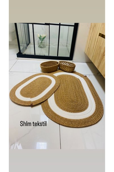 SHLM TEKSTİL Jute Bath Mat Set, Toilet Mat, 4-Piece Bathroom Set Natural, 2 Mats 2 Oval Baskets