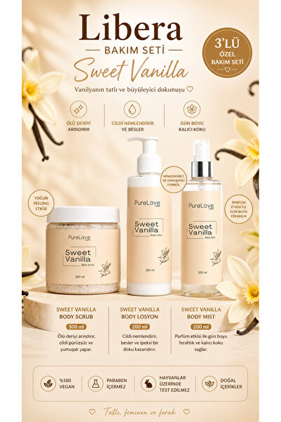 Pure Love Care Sweet Vanilla Vücut Spreyi + Vücut Losyonu + Vücut Peelingi