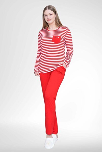 Mecit Pijama Mecit 6201 طقم بيجامة نسائي مقاس كبير مخطط باللون الأحمر
