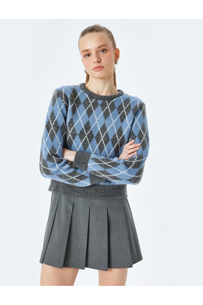 Koton Pulover de tricotaj cu mânecă lungă, cu decolteu rotund, cu model Argyle