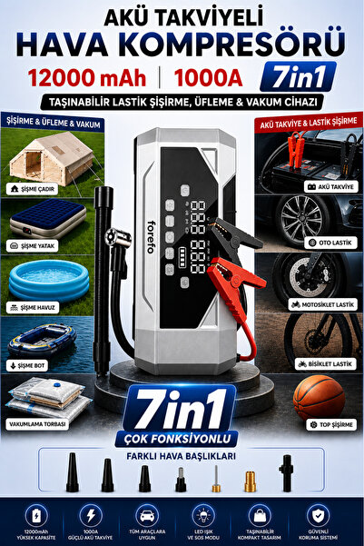 Yussraw ferofe orjinal 12.000mAh Araç Akü Takviyeli lastik kompresörlü yatak ...