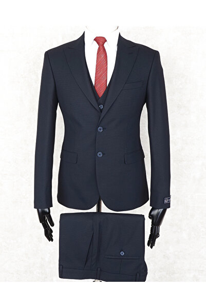 Jan Carlucci Slim Fit Sivri Yaka-Çift Yırtmaç Lacivert Drop 6 Yelekli Takım E...