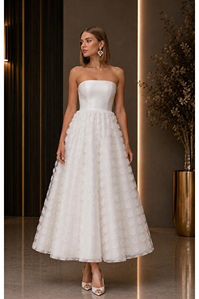 ALYEL NAKER Textured Midi Strapless Stylish Dress with Round Appliques on Tulle