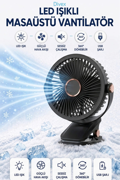 Divex Masaüstü Şarjlı 360° Dönebilen Klipsli Fan Vantilatör - Siyah