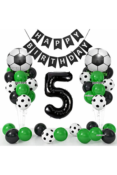 parti pera 5 Yaş Futbol Temalı Doğum Günü Balon Seti Siyah Yeşil Futbol Baskı...