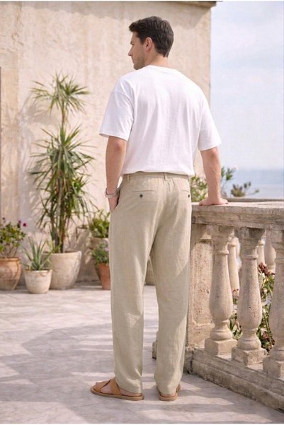 TheSeason Men's Summer Beige Color Cotton Linen Look Relaxed Trousers
