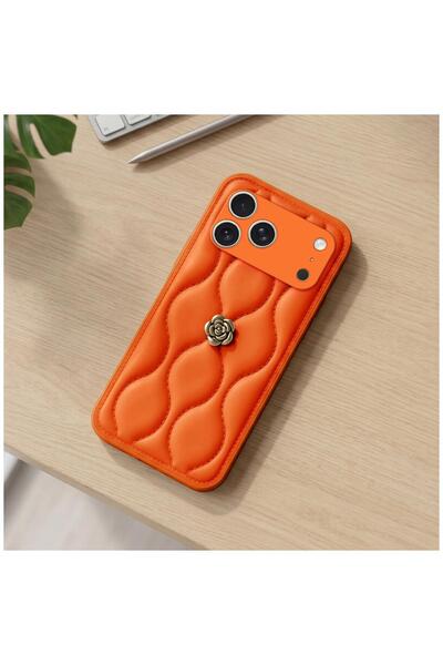 Pro Aksesuar Apple iPhone 17 Pro Max Uyumlu Kılıf Çiçekli Dalgalı Deri Kılıf Turuncu