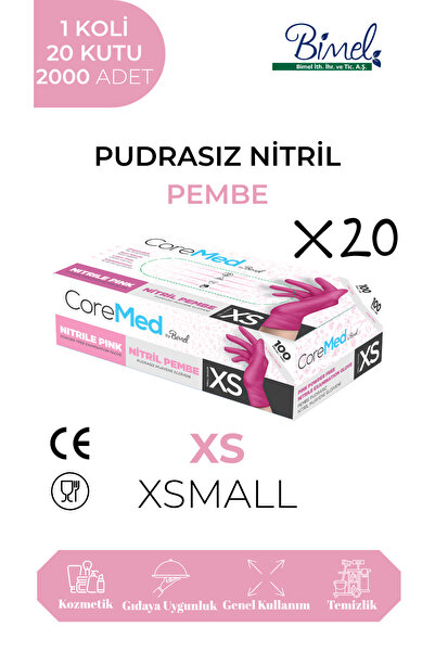 COREMED Pembe Nitril Muayene Eldiveni Pudrasız 1 Koli 20 Paket - Xsmall