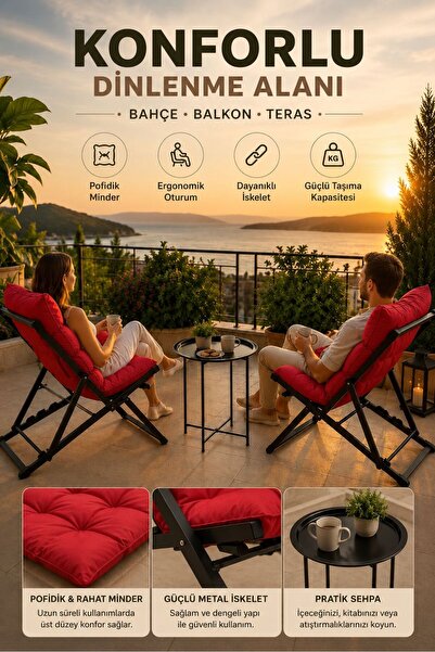 HASTUNÇ Minderli Katlanır Şezlong Seti İkili Bahçe, Balkon, Teras ve Plaj İçin 2 Şezlong + 1 Sehpa