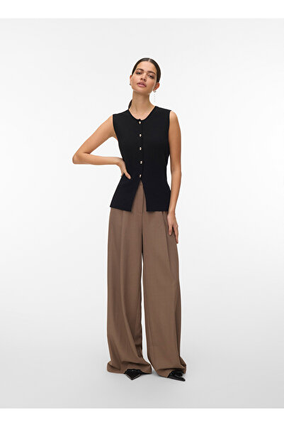 Vero Moda Siyah Kadın Düz Standart Triko Kazak VMSABA SL O-NECK BUTTON VEST BTQ